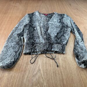 Guess Snake Print Crop Blouse Women L Smocked Waist Sheer Top